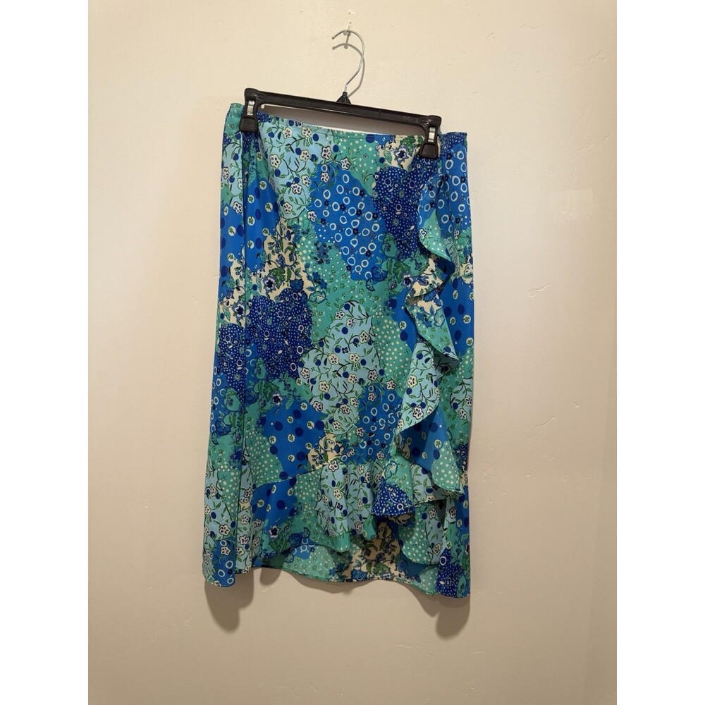 Fire Los Angeles Blue and Green Floral Patchwork Ruffle Midi Skirt Fits like M